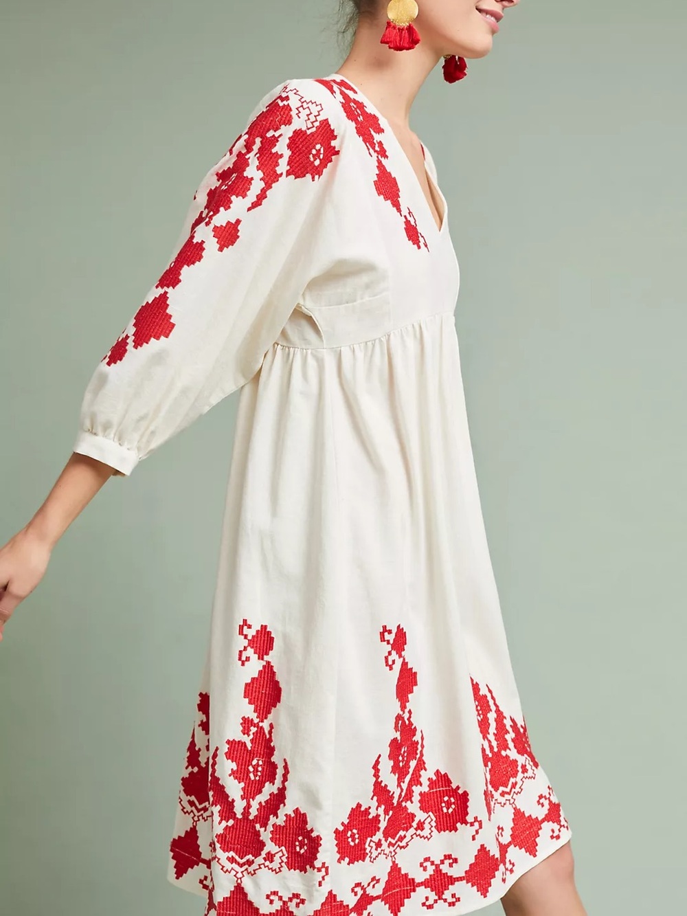 Velvet by Graham & Spencer - Jora Embroidered Peasant Midi Cream Red Dress - Picture 3 of 8